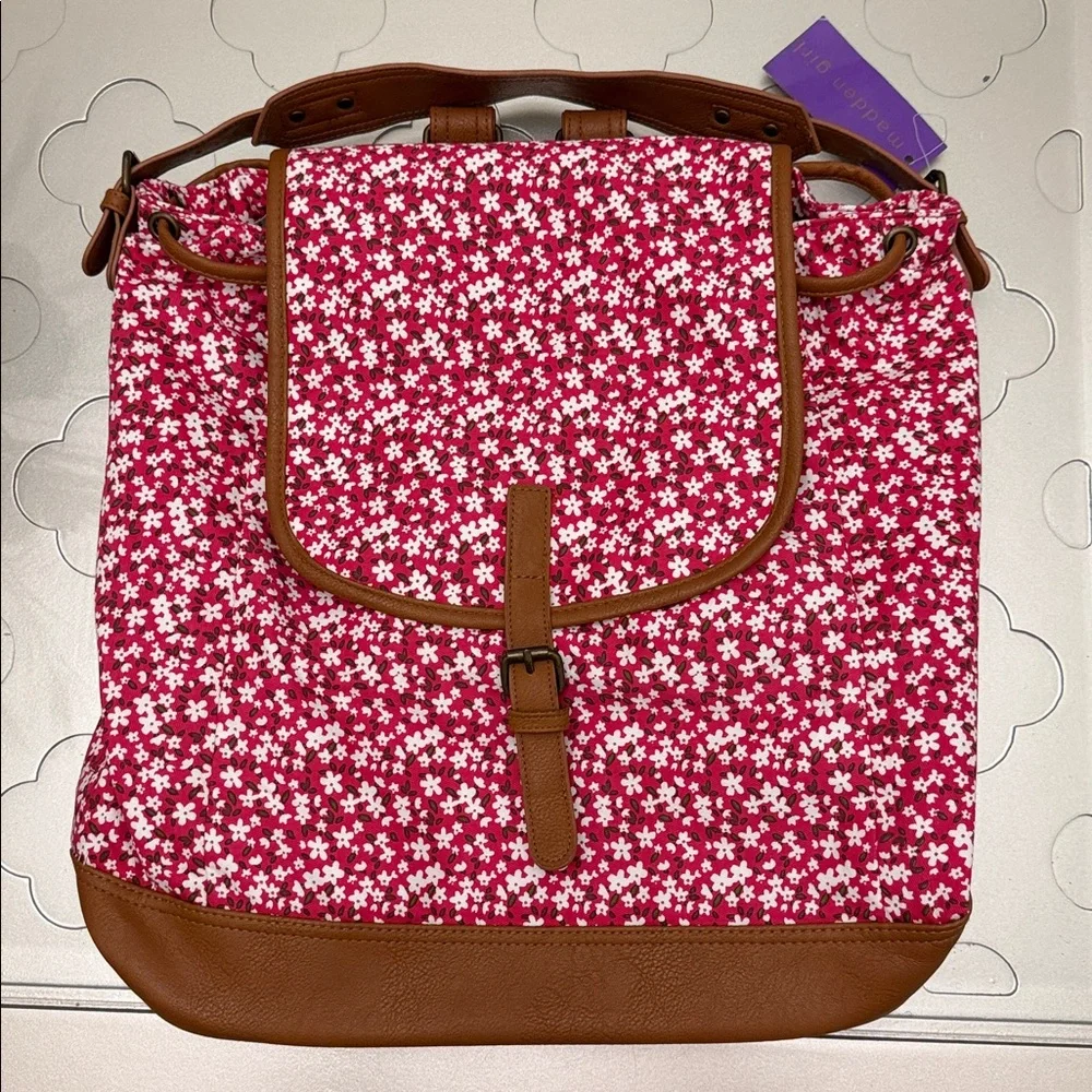 Madden Girl Red Floral Canvas Backpack with Tan Trim